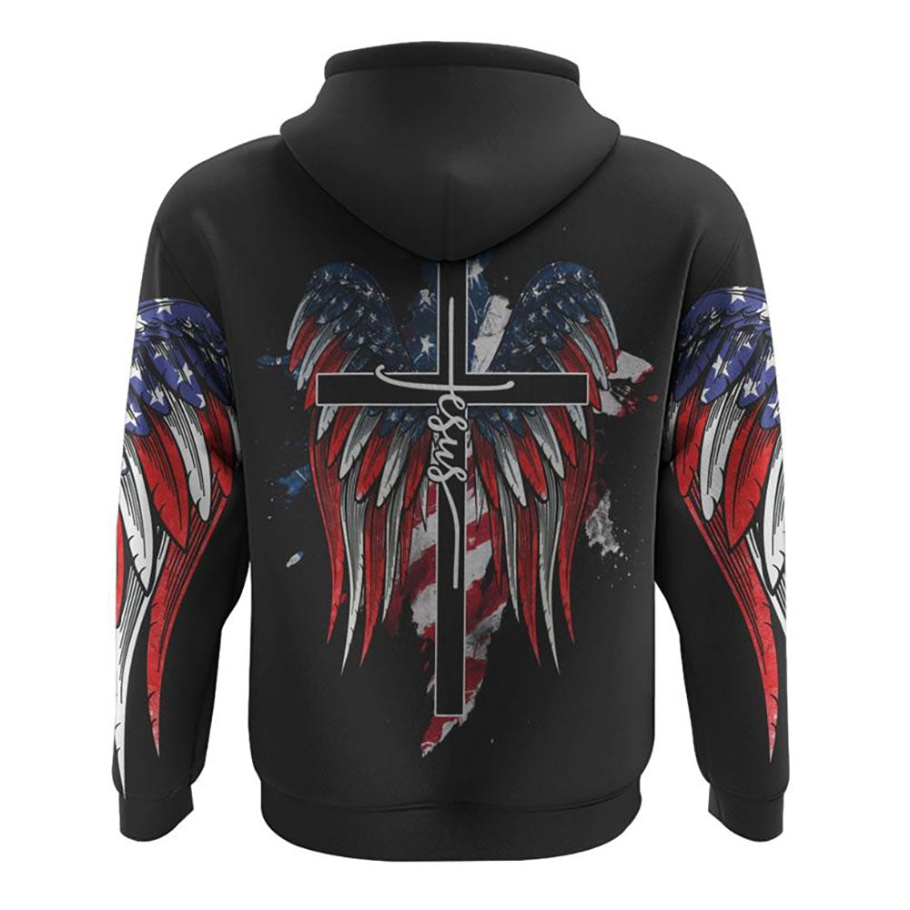 Jesus American Flag Wings Arm All Over Print 3D Hoodie Christian Sweatshirt