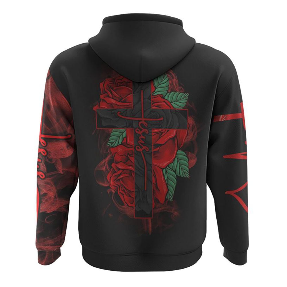 Jesus Cross Red Rose 3D Hoodie Christian Sweatshirt Bible Verse Shirt